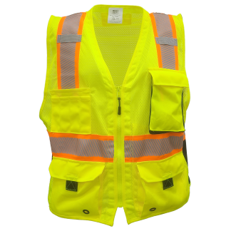 Best Vest – Class 2, Contrast Surveyor Mesh Vest, Zippered, i-Pad Pocket, Split Striping – Safety Green – JS1167